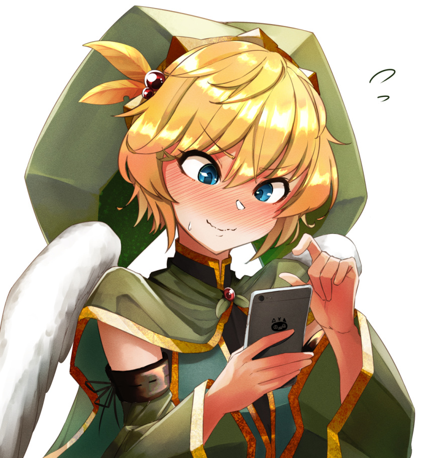 1boy, androgynous, angel_wings, blonde_hair, blue_eyes, blush, cellphone, detached_sleeves