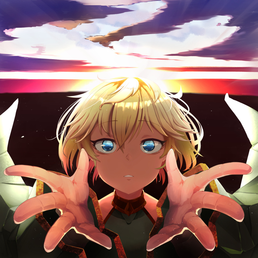 1boy, absurdres, androgynous, bare_shoulders, blonde_hair, blue_eyes, detached_sleeves, doro9363