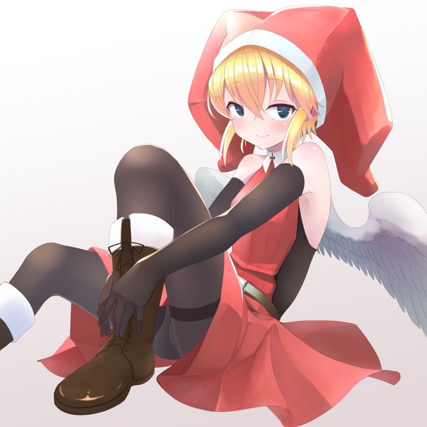1boy, absurdres, alternate_color, androgynous, angel_wings, bare_shoulders, black_pantyhose, blonde_hair