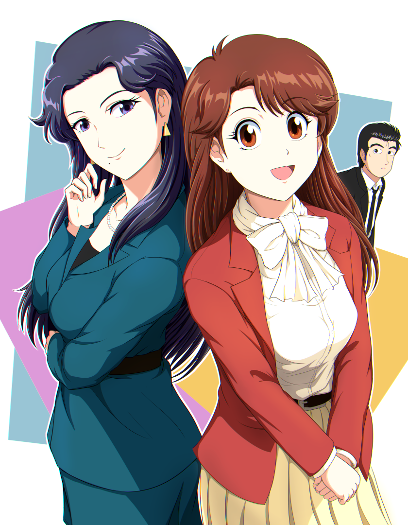 1boy, 2girls, belt, black_hair, black_necktie, black_suit, breasts, brown_eyes