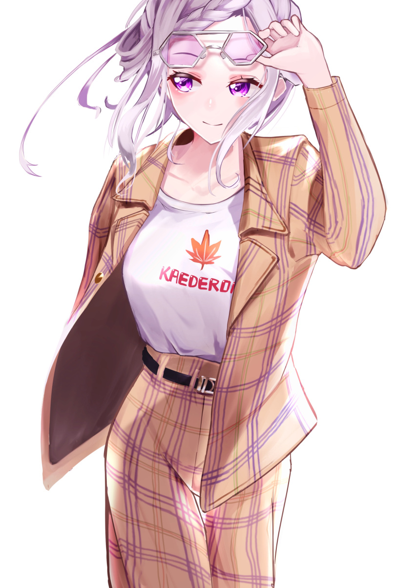 1girl, absurdres, belt, black_belt, braid, breasts, brown_jacket, checkered_clothes