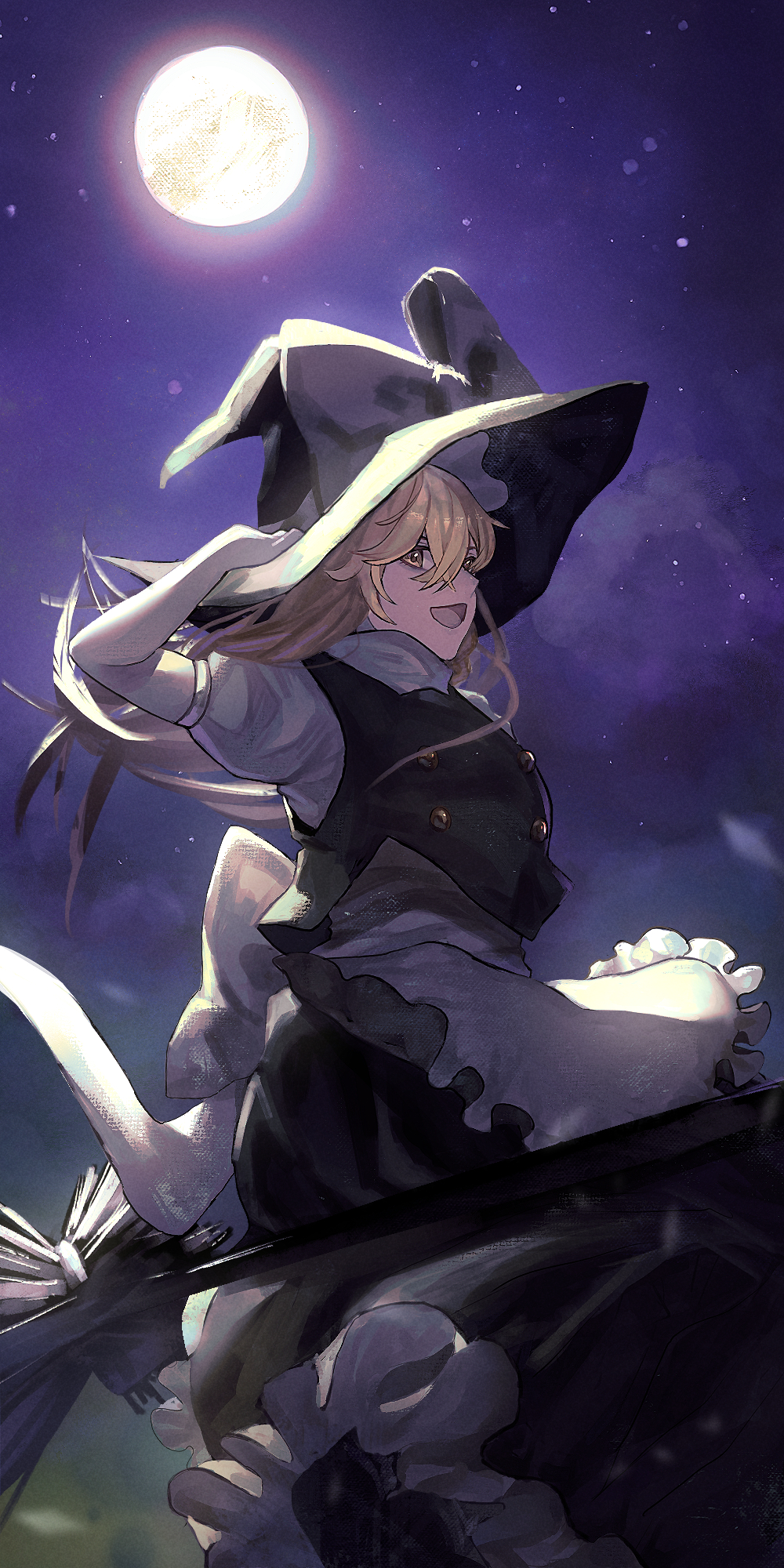 1girl, :d, apron, back_bow, black_headwear, black_skirt, black_vest, blonde_hair