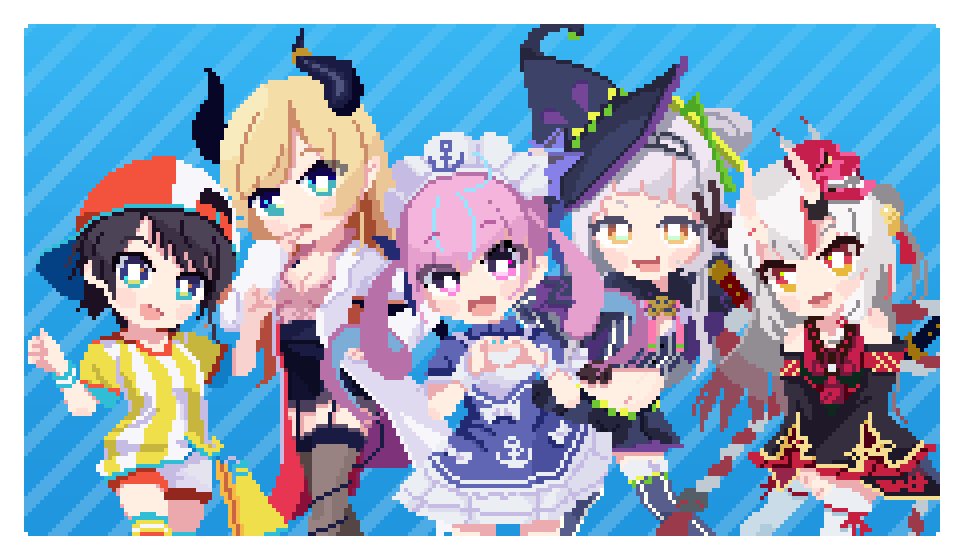 5girls, black_hair, blonde_hair, blue_background, blue_eyes, holocure, hololive, looking_at_viewer