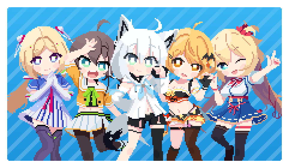 5girls, akai_haato, aki_rosenthal, aqua_eyes, blonde_hair, blue_background, blue_eyes, brown_hair