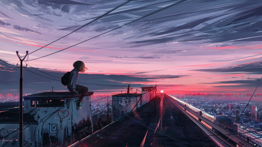 1girl, aenamiart, animal, artist_name, backpack, bag, bird, black_bag, black_footwear, black_skirt, blue_sky, brown_hair, building, cable, car, city, city_lights, cityscape, clouds, cloudy_sky, commentary, door, english_commentary, evening, full_body, graffiti, grey_sweater, ground_vehicle, hands_on_floor, heart, highres, highway, hood, hood_down, hooded_sweater, lamppost, lights, looking_away, medium_hair, motor_vehicle, original, pantyhose, pole, red_sky, red_sun, road, rooftop, shoes, signature, sitting, sitting_on_roof, skirt, skull, sky, skyscraper, sneakers, street, sun, sunset, sweater, utility_pole, window