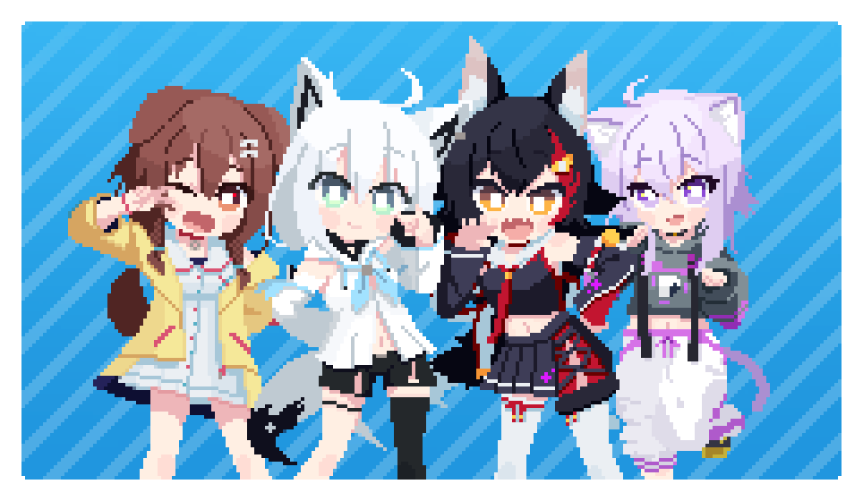 4girls, black_hair, blue_background, blue_eyes, brown_eyes, brown_hair, holocure, hololive