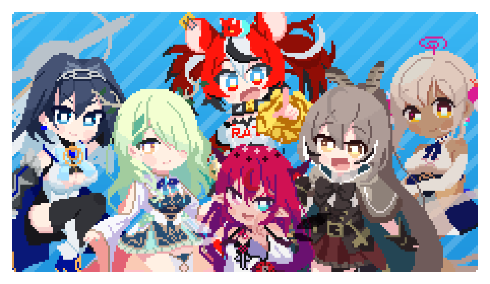 6+girls, blue_background, blue_eyes, blue_hair, brown_eyes, brown_hair, ceres_fauna, green_hair