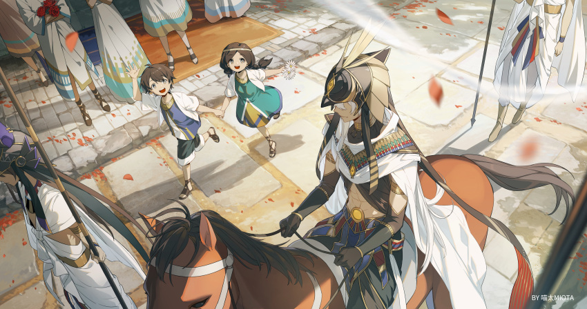 1girl, 3boys, abs, absurdres, aqua_dress, armlet, black_gloves, black_pants