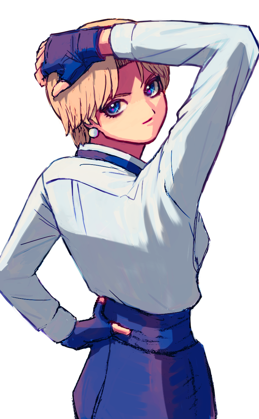 1girl, androgynous, bamboobamboo68, black_bow, black_bowtie, black_pants, blonde_hair, blue_eyes, bow, bowtie, dress_shirt, earrings, fingerless_gloves, formal, from_behind, gloves, hand_on_own_head, highres, jewelry, king_(snk), looking_at_viewer, pants, shirt, short_hair, smile, solo, the_king_of_fighters, white_background, white_shirt