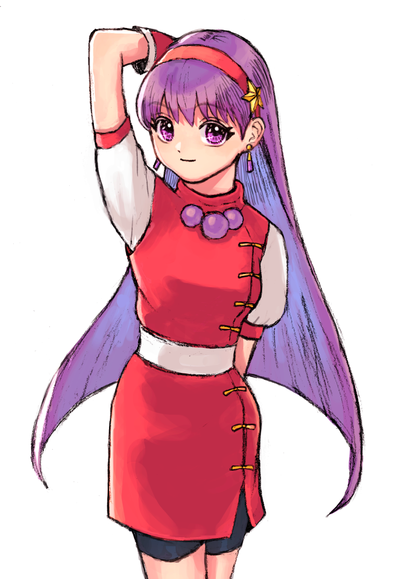 1girl, arm_behind_head, asamiya_athena, bamboobamboo68, bangs, breasts, dress, earrings, gloves, hair_ornament, hairband, jewelry, long_hair, looking_at_viewer, medium_breasts, pantyhose, puffy_sleeves, purple_hair, red_dress, red_hairband, smile, solo, star_(symbol), star_hair_ornament, the_king_of_fighters, violet_eyes, white_background