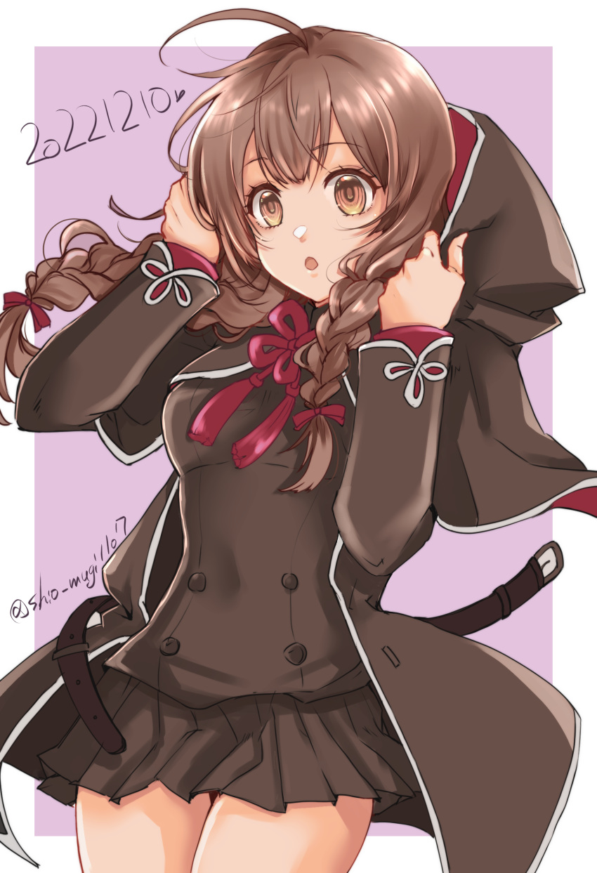 1girl, absurdres, ahoge, black_capelet, black_dress, braid, brown_eyes, brown_hair