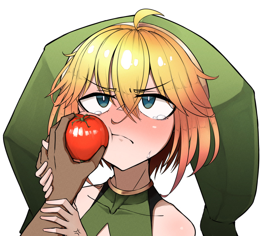 1boy, absurdres, androgynous, aqua_eyes, bare_shoulders, blonde_hair, dark-skinned_male, dark_skin