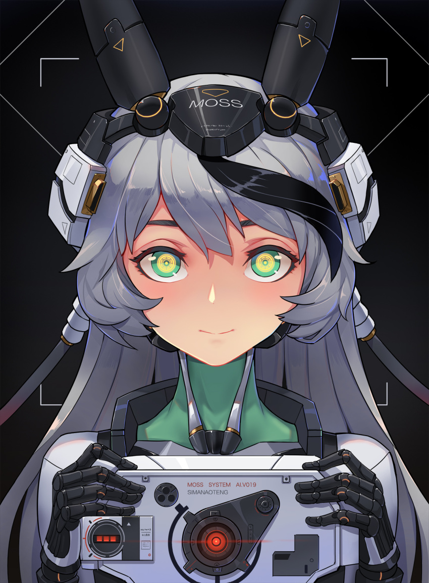 1girl, android, black_background, black_hair, bodysuit, cable, green_eyes, grey_hair, headgear, highres, holding, long_hair, looking_at_viewer, mechanical_hands, moss_(the_wandering_earth), multicolored_hair, personification, portrait, sima_naoteng, smile, solo, streaked_hair, the_wandering_earth, white_bodysuit, yellow_pupils