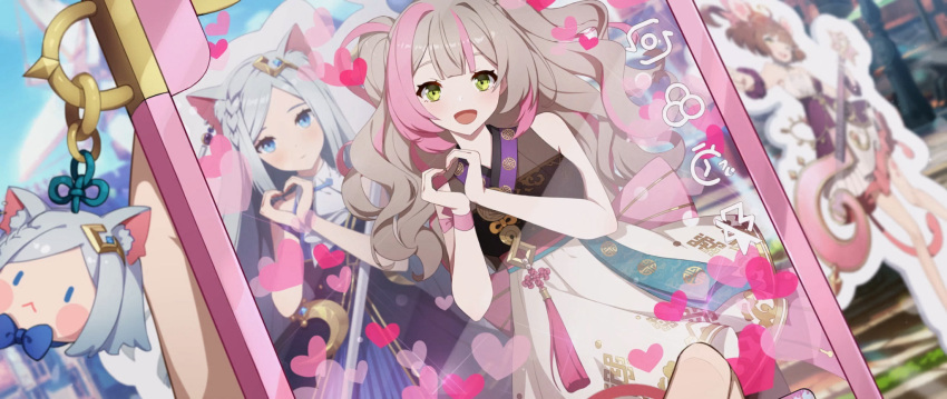 1boy, 3girls, animal_ears, bangs, blue_dress, blue_eyes, blunt_bangs, blush, brown_hair, camera_phone, cardboard_cutout, cat_ears, cat_girl, cellphone, dress, eversoul, game_cg, green_eyes, grey_hair, hair_ornament, hair_ribbon, hamster_ears, hamster_girl, heart, heart_hands, highres, holding, holding_phone, idol, jiho_(eversoul), korean_clothes, long_hair, looking_at_viewer, merchandise, mica_(eversoul), multicolored_hair, multiple_girls, nail_polish, non-web_source, official_art, open_mouth, out_of_frame, phone, pink_hair, ribbon, savior_(eversoul), see-through, seeha_(eversoul), short_hair, sidelocks, skirt, sleeveless, smartphone, streaked_hair, tassel, twintails, white_hair, white_skirt