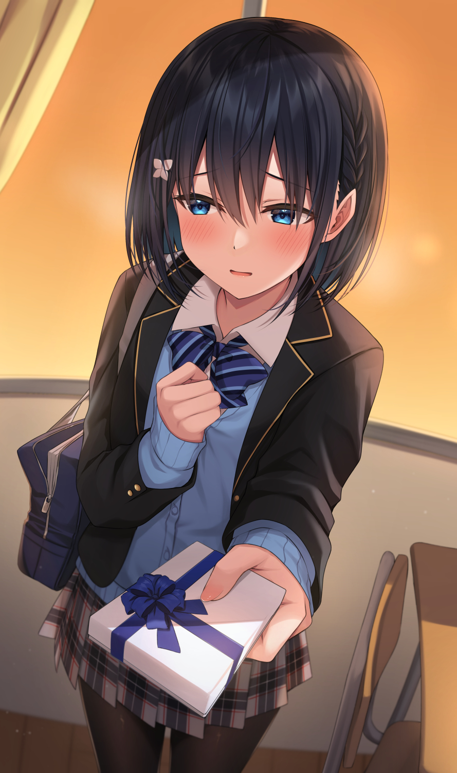 1girl, bangs, black_hair, black_jacket, black_pantyhose, blazer, blue_bow, blue_cardigan