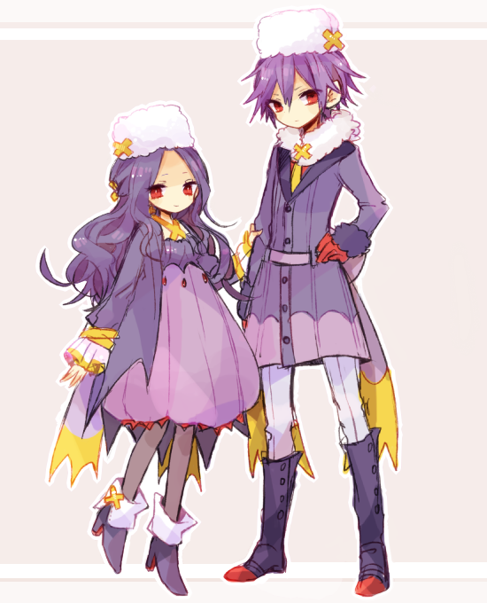 1boy, 1girl, ao_(blue_bunny), dress, drifblim, fur_hat, gloves, hand_on_hip