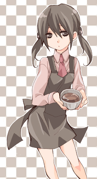 apron, checkered, checkered_background, chocolate, disco_chocolat_(vocaloid), food, kaai_yuki, solo