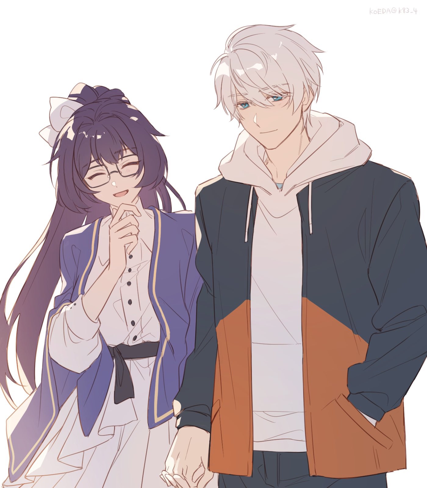 1boy, 1girl, bangs, black_pants, blue_jacket, bow, casual, closed_eyes