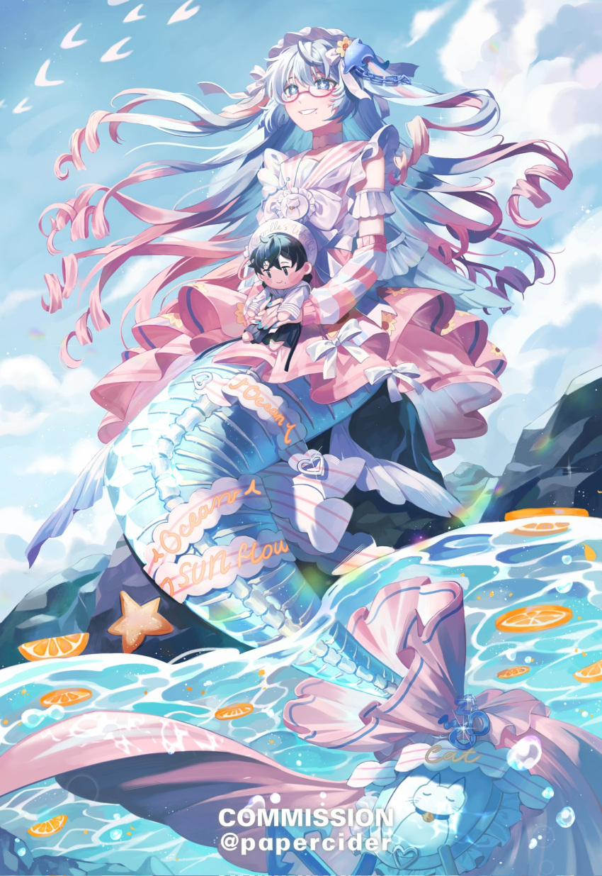 1girl, arm_strap, blue_eyes, blue_hair, bright_pupils, choker, clouds, commission, detached_sleeves, doll, food, fruit, glasses, hairband, highres, holding, holding_doll, lolita_hairband, long_hair, mermaid, mole, mole_under_mouth, monster_girl, multicolored_hair, orange_(fruit), orange_slice, original, papercider, parted_lips, pink_hair, pink_skirt, rock, sailor_collar, shirt, sitting, skirt, sky, smile, solo, streaked_hair, symbol-shaped_pupils, twitter_username, very_long_hair, water, white_choker, white_pupils, white_shirt