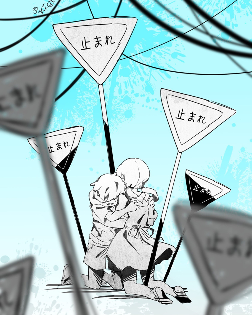 1boy, 1girl, amamiya_hibiya, apron, asahina_hiyori, blurry, cable, comforting, commentary, crying, dated_commentary, depth_of_field, english_commentary, facing_another, facing_down, from_behind, full_body, gradient_background, greyscale_with_colored_background, highres, hug, jinglebunns, kagerou_project, kneeling, light_blue_background, low_twintails, mekakucity_actors, mixed-language_commentary, monochrome, parted_lips, ribbon, road_sign, shirt, shoes, short_hair, short_sleeves, shorts, sign, signature, sketch, skirt, splatter_background, stop_sign, string, tears, triangle, twintails, wavy_mouth, wide_shot
