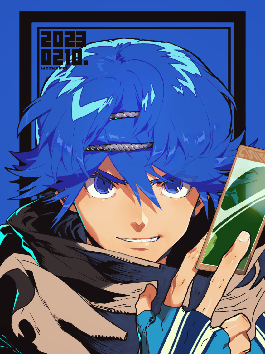 1boy, baten_kaitos, blue_eyes, blue_hair, cape, card, fingerless_gloves, fujimoto_hideaki