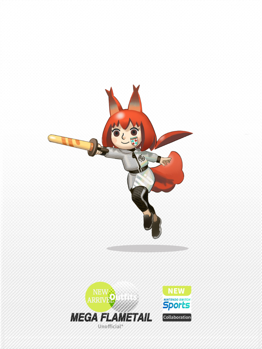 1girl, animal_ears, arknights, black_footwear, brown_eyes, character_name, crossover, flametail_(arknights), gradient_background, grey_jacket, highres, holding, holding_sword, holding_weapon, jacket, long_hair, mii_(nintendo), nintendo, nintendo_switch_sports, norizc, pants, pinus_sylvestris_logo, ponytail, red_tail, redhead, shoes, simple_background, smile, sneakers, solo, squirrel_ears, sticker_on_face, sword, track_pants, weapon, white_background