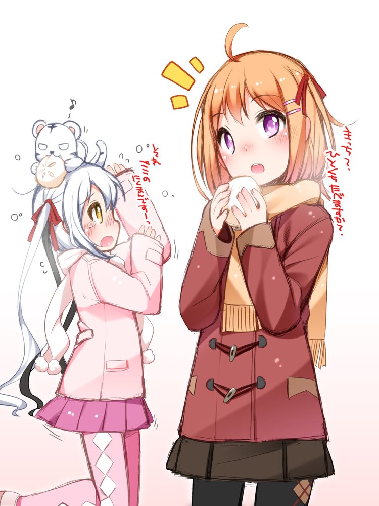 2girls, baozi, black_hair, brown_skirt, coat, food, food_in_mouth, gotou_toushirou_(tenka_hyakken)