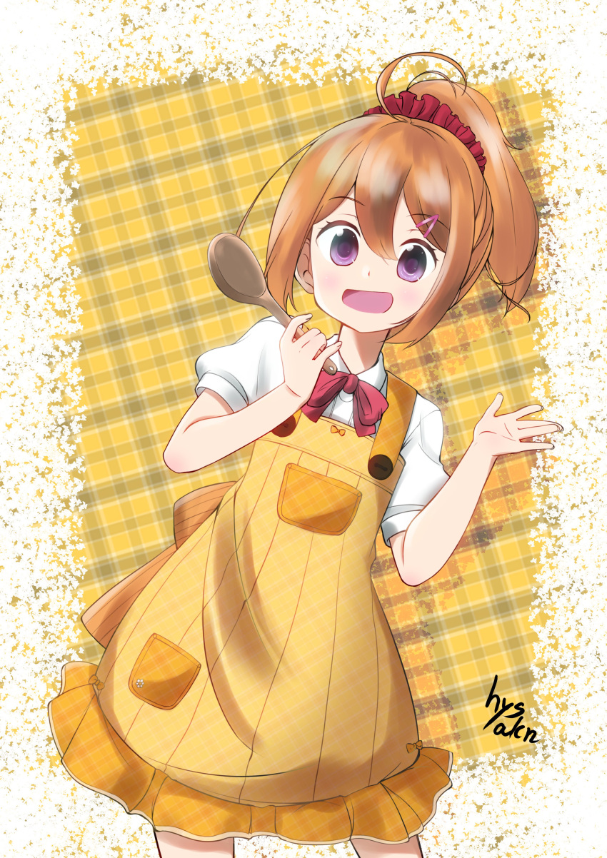 1girl, absurdres, ahoge, apron, bow, bowtie, checkered_background, frilled_apron