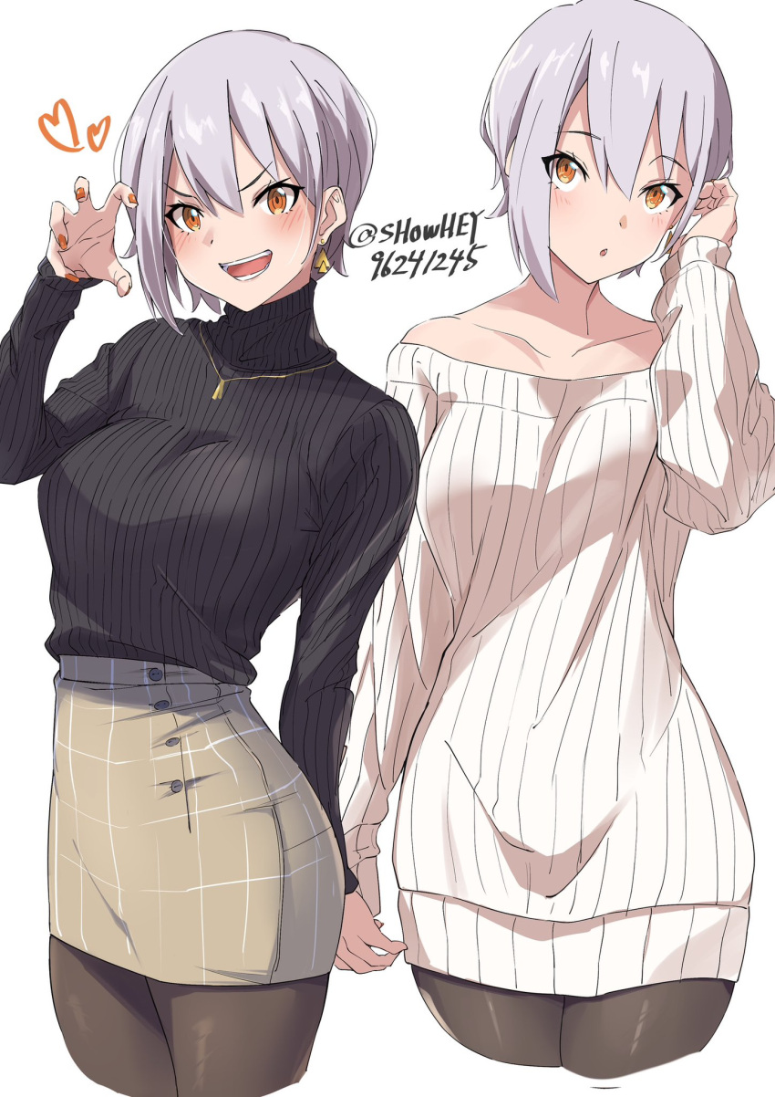 1girl, black_pantyhose, black_sweater, earrings, grey_hair, heart, highres, jewelry