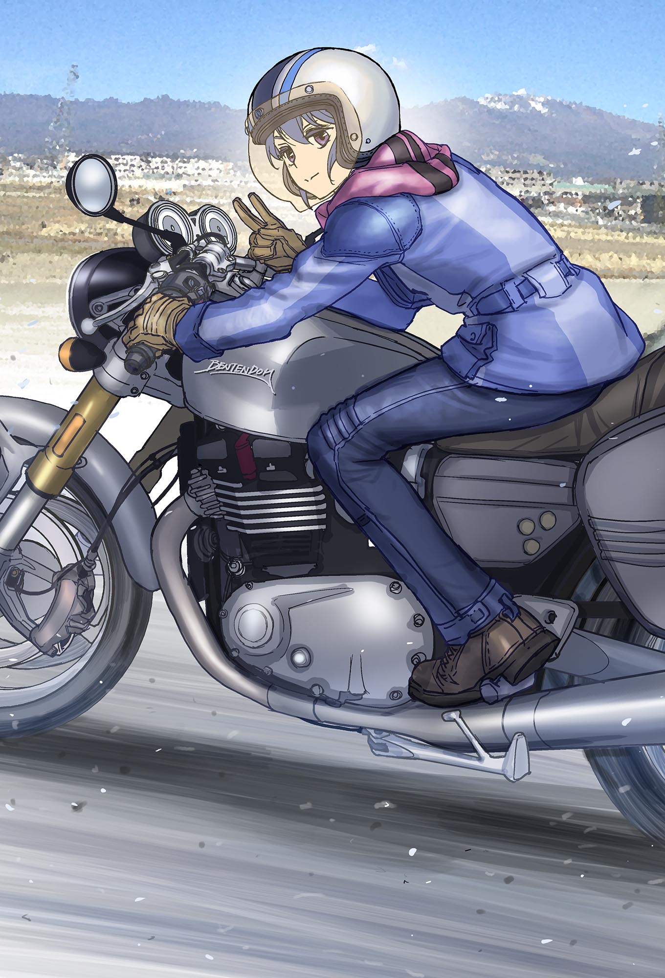 1girl, artist_name, blue_jacket, blue_pants, brown_footwear, brown_gloves, from_side, gloves