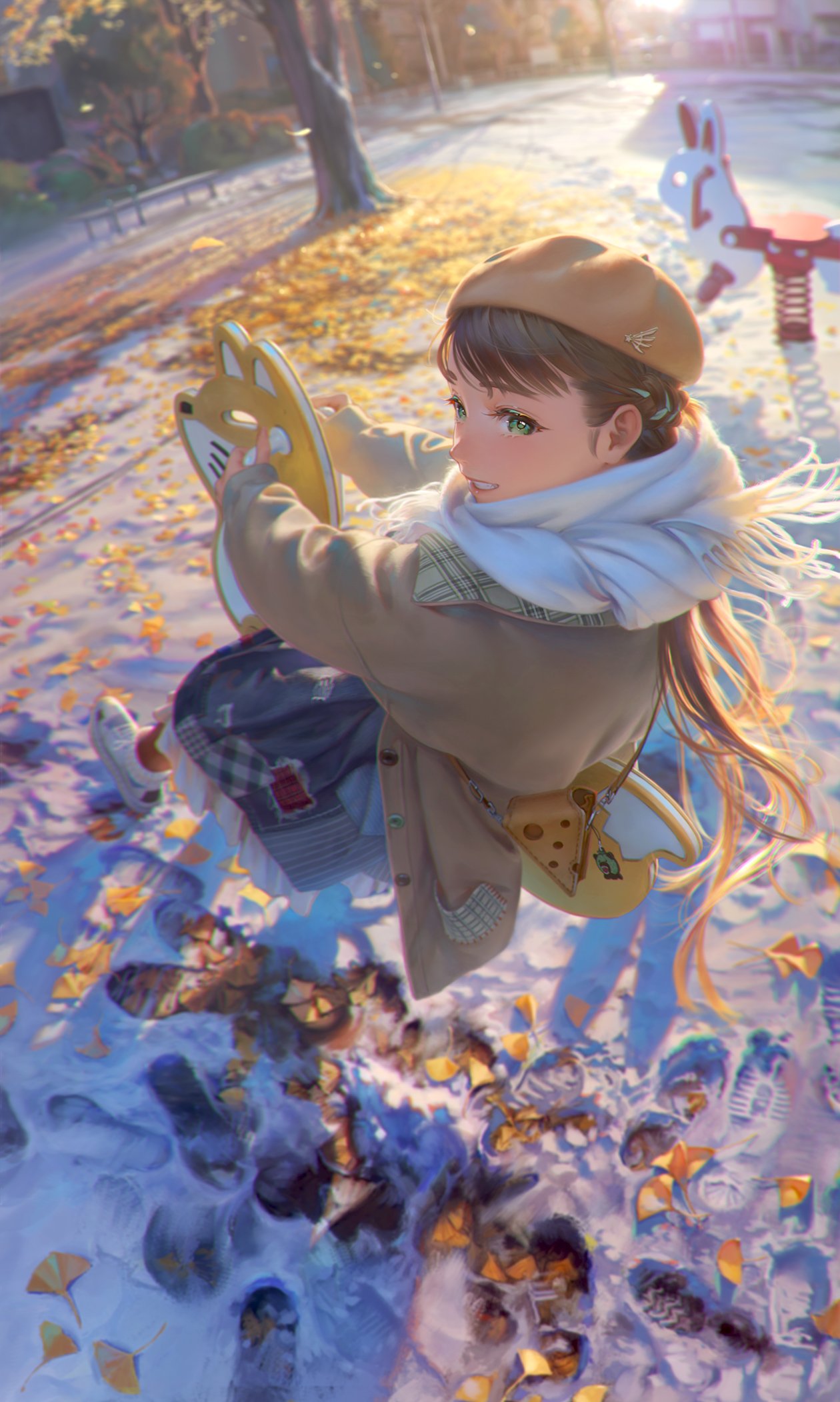 1girl, bag, bangs, bench, blurry, blurry_background, braid, brown_coat