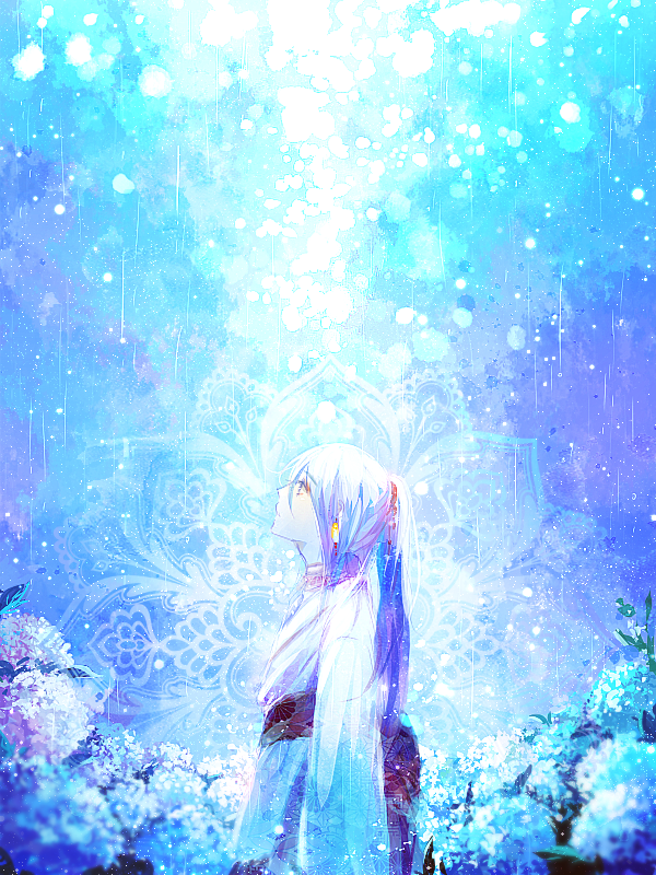 1girl, bangs, black_sash, blue_background, blue_flower, blue_hair, blurry, blurry_foreground