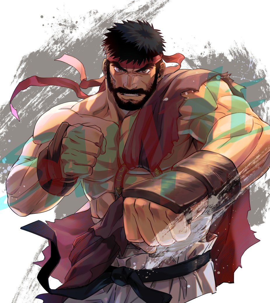 1boy, beard, black_hair, cowboy_shot, dougi, facial_hair, fingerless_gloves, foreshortening