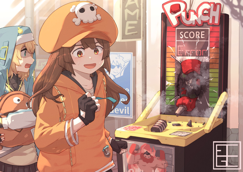 2girls, absurdres, androgyne_symbol, black_gloves, blonde_hair, bridget_(guilty_gear), brown_hair, fcgc_(friedalwaysgood)