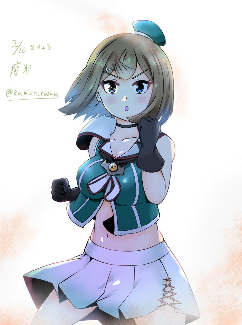 1girl, absurdres, black_gloves, blue_eyes, breasts, brown_hair, commentary_request, gloves