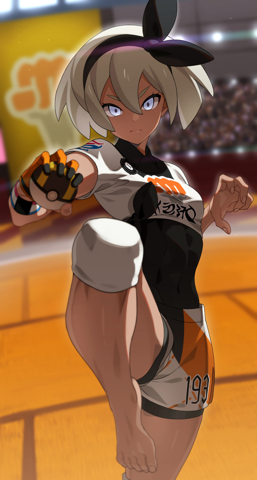 1girl, absurdres, barefoot, bea_(pokemon), bodysuit, bodysuit_under_clothes, covered_navel, dark-skinned_female