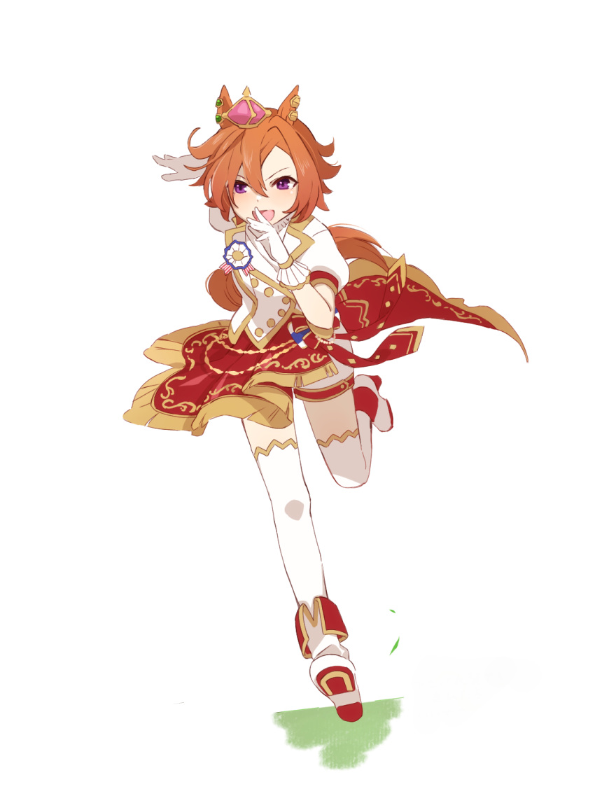 1girl, animal_ears, asymmetrical_bangs, bangs, boots, crown, ear_piercing, full_body
