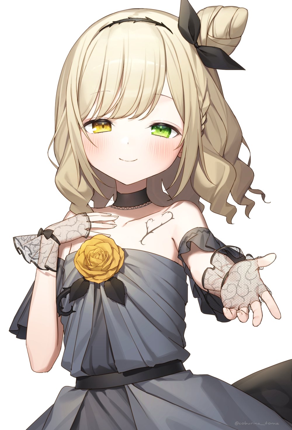 1girl, bare_shoulders, black_dress, blonde_hair, braid, choker, collarbone, dress