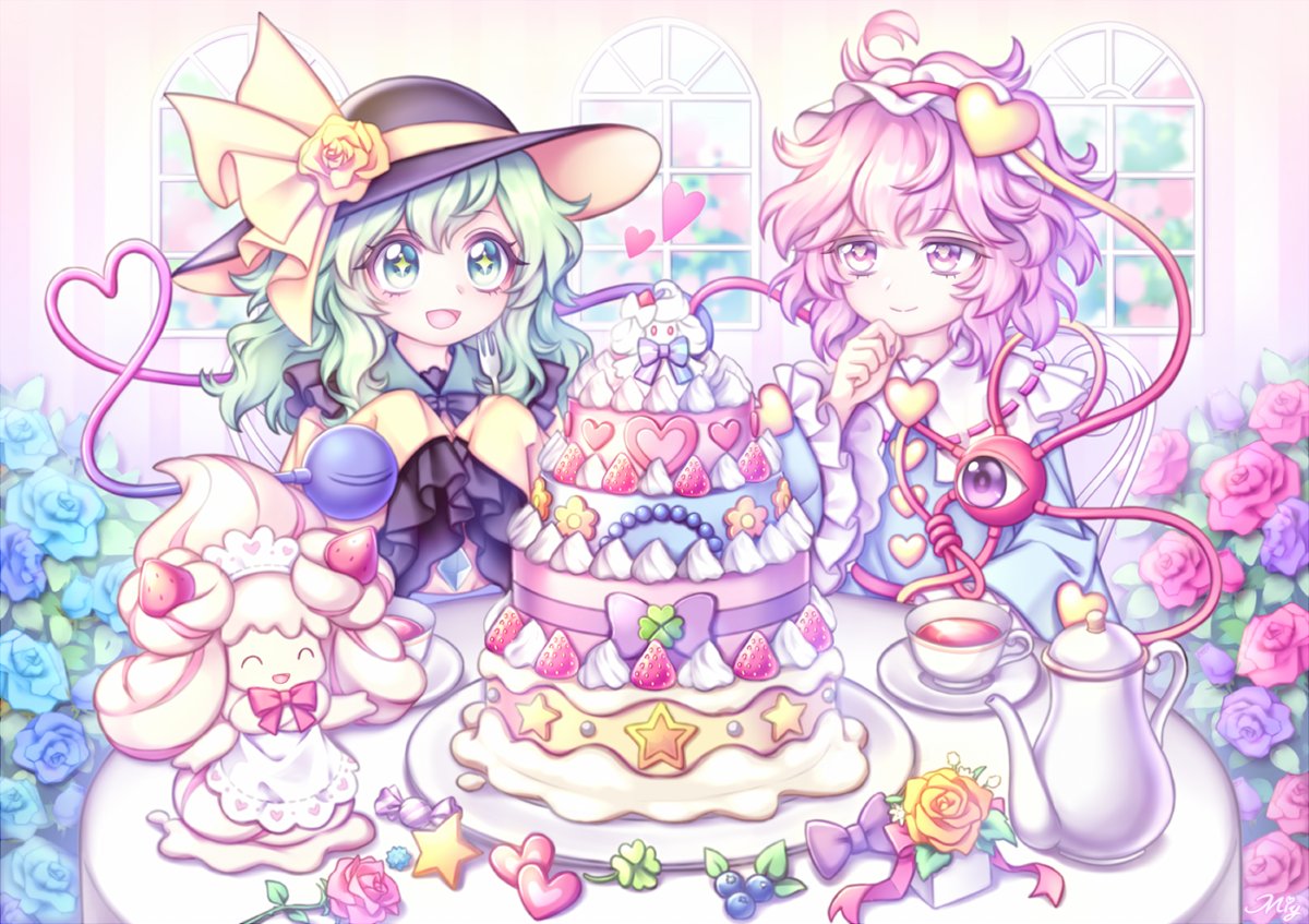 2girls, :d, alcremie, alcremie_(ruby_cream), alcremie_(strawberry_sweet), apron, black_headwear, blue_flower, blue_rose, blueberry, blush, bow, bowtie, buttons, cake, candy, closed_mouth, clover, commentary, commission, cup, diamond_button, flower, food, fork, frilled_hairband, frilled_shirt_collar, frilled_sleeves, frills, fruit, green_eyes, green_hair, hair_ornament, hairband, hand_on_own_chin, hand_up, hands_up, hat, hat_bow, hat_flower, heart, heart_button, heart_hair_ornament, heart_in_eye, heart_of_string, holding, holding_fork, indoors, komeiji_koishi, komeiji_satori, leaf, long_hair, long_sleeves, looking_at_food, messy_hair, miy_001, multiple_girls, open_mouth, pink_eyes, pink_hair, plate, pokemon, pokemon_(creature), purple_flower, purple_rose, red_bow, red_bowtie, red_flower, red_hairband, red_rose, ribbon_trim, rose, saucer, shirt, short_hair, siblings, sisters, skeb_commission, sleeves_past_fingers, sleeves_past_wrists, smile, sparkling_eyes, star_(symbol), symbol_in_eye, teacup, teapot, third_eye, touhou, wavy_hair, white_apron, wide_sleeves, window, yellow_bow, yellow_flower, yellow_rose, yellow_shirt