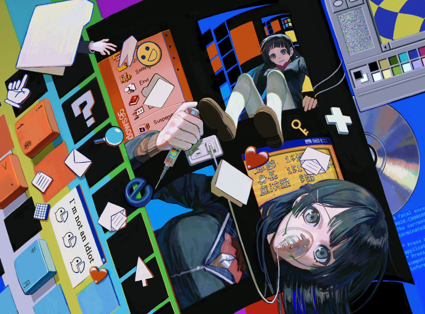 2girls, bangs, black_eyes, black_hair, black_jacket, blazer, blue_screen_of_death, blunt_bangs