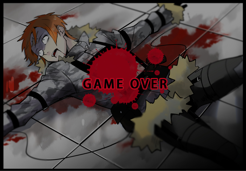 1boy, blood, blood_from_mouth, death, fur-trimmed_jacket, fur_trim, higyaku_no_noel, jacket, junko_(junko100), lying, on_back, orange_hair, ribelio_strada, scar, scar_on_face, scar_on_forehead, short_hair, solo