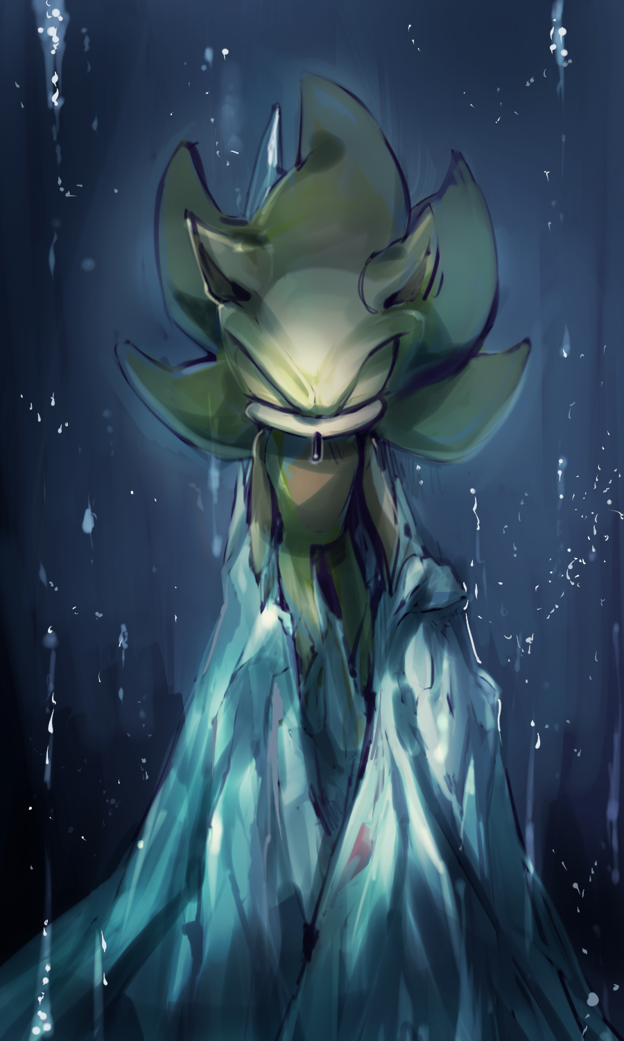 1boy, animal_ears, animal_nose, black_background, blue_background, closed_eyes, english_commentary, furry, furry_male, gloves, gradient_background, hedgehog, hedgehog_ears, highres, ice, lenmeu, male_focus, simple_background, solo, sonic_(series), sonic_the_hedgehog, standing, super_sonic, white_gloves, yellow_fur