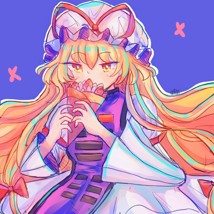 beepop-uwu, blonde_hair, crepe, dress, eating, food, fruit, hair_ribbon