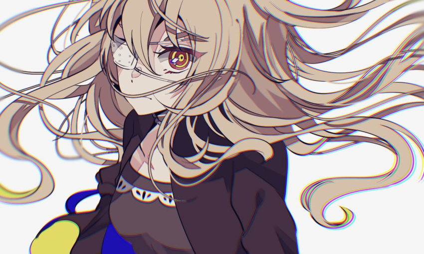 1girl, black_dress, blonde_hair, chromatic_aberration, dress, eyepatch, higyaku_no_noel, long_hair