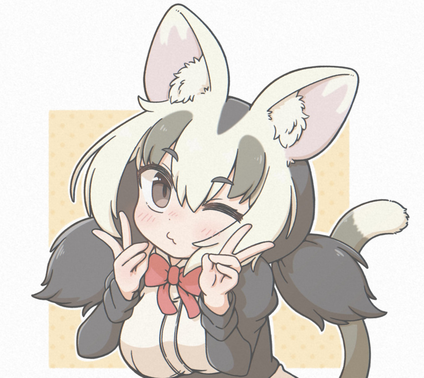 1girl, black_dress, black_hair, blush, bow, bowtie, brown_eyes, double_v