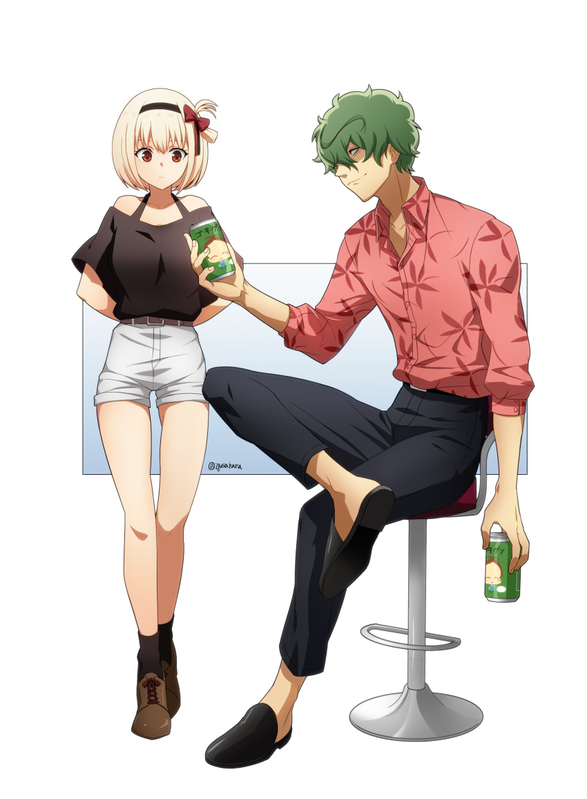 1boy, 1girl, absurdres, arms_behind_back, bar_stool, belt, black_pants, blonde_hair