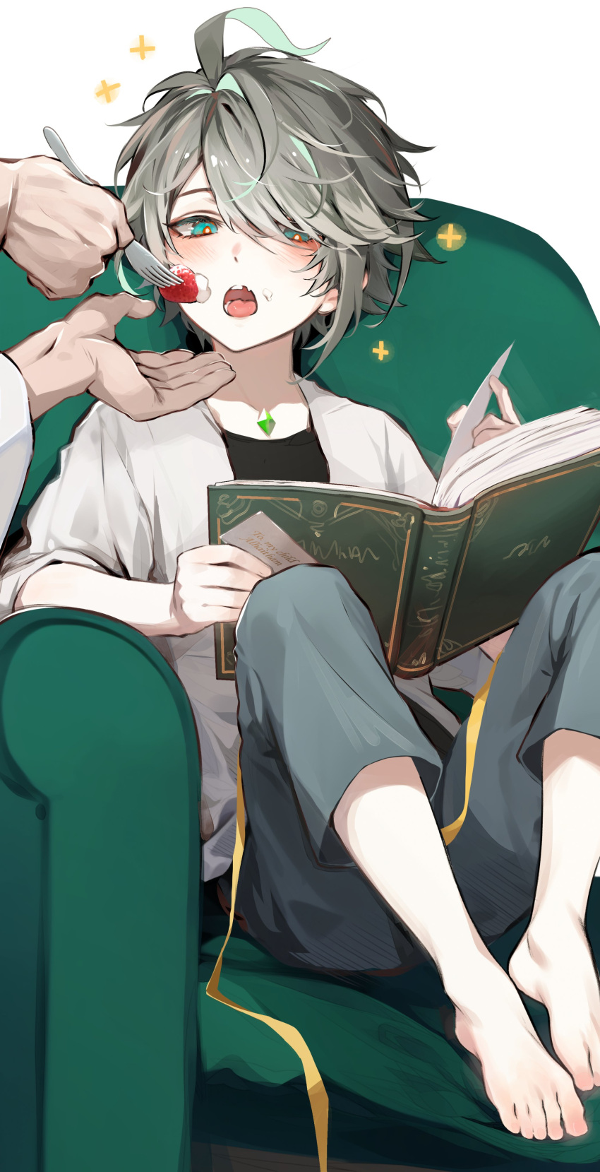 1boy, 1other, absurdres, aged_down, ahoge, alhaitham_(genshin_impact), armchair, bangs