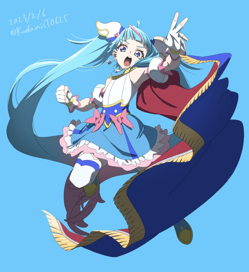 1girl, ahoge, blue_background, blue_eyes, blue_hair, blue_skirt, bow, brooch, cape, cure_sky, detached_sleeves, fingerless_gloves, gloves, highres, hirogaru_sky!_precure, jewelry, kadainist, long_hair, magical_girl, open_mouth, pink_bow, precure, puffy_detached_sleeves, puffy_sleeves, single_sidelock, skirt, smile, solo, sora_harewataru, twintails, two-sided_cape, two-sided_fabric, very_long_hair, white_gloves, wing_brooch, wing_hair_ornament