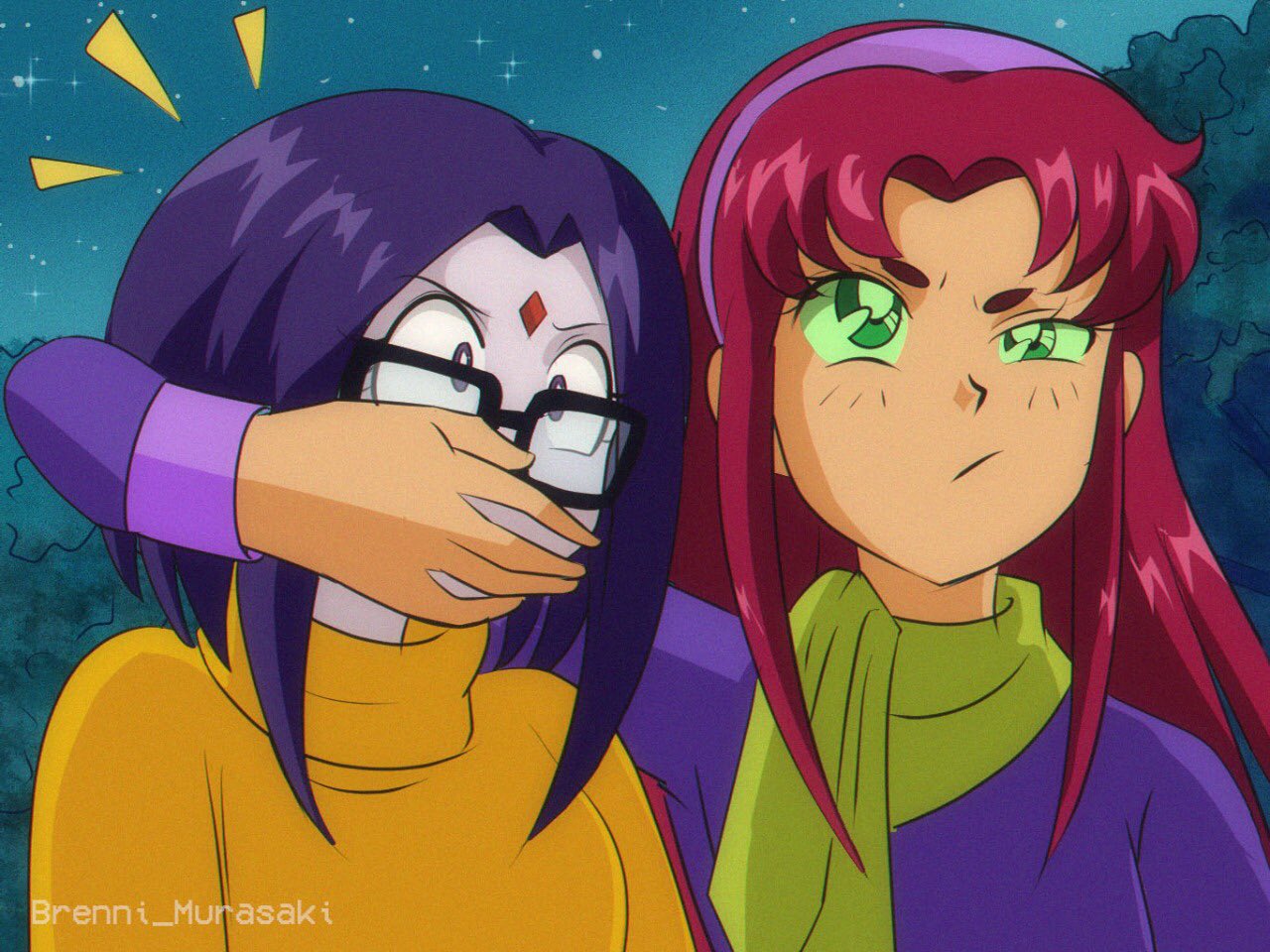 1990s_(style), 2girls, animification, brenni_murasaki, clip_studio_paint_(medium), closed_mouth, colored_sclera, cosplay