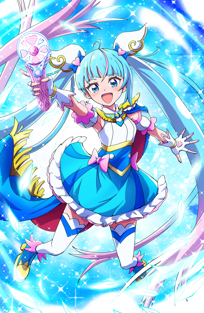 1girl, ahoge, blue_eyes, blue_hair, blue_skirt, blush, bow, brooch